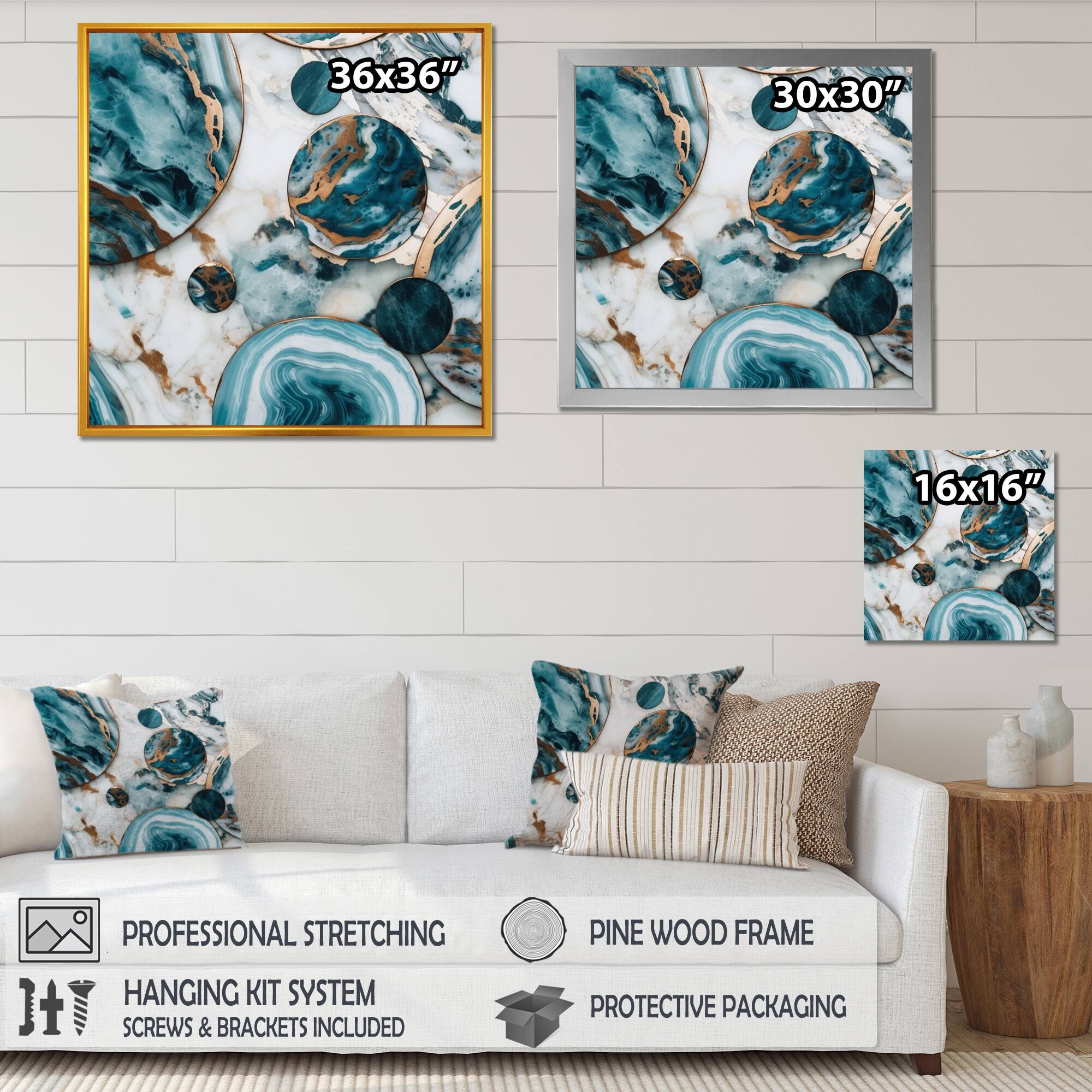 Designart "Blue Gold Half Circle Marble Abstract I" Abstract Marble